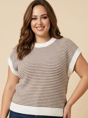 Striped Knit Cap Sleeve Sweater in White and Brown